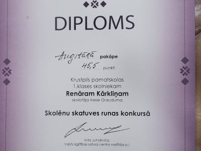 5.aprīlī Renārs Kārkliņš piedalījās skatuves runas konkursā. Sagatavoja skolotāja I.Grauduma